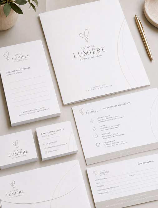 Papelaria personalizada para clínicas com receituários, cartões e envelopes