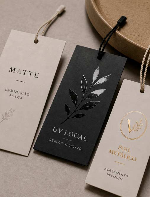 acabamentos em tags para roupas com verniz localizado e hot stamping