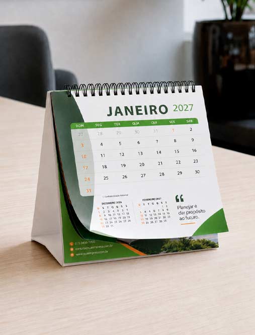 Detalhe do Wire-o preto, folhas em couchê e base branca do calendário