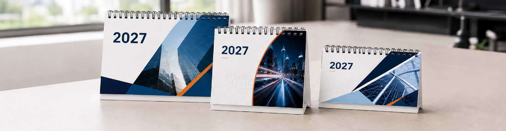 Três calendários de mesa personalizados 2027 em diferentes formatos