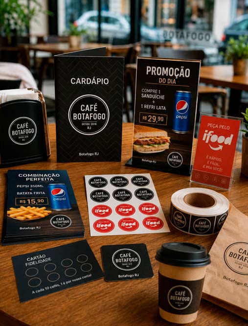 Cardápios, adesivos e materiais promocionais para restaurantes e comércios em Botafogo