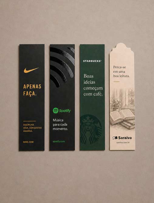 Marcador de página personalizado com acabamento premium, hot stamping e verniz localizado