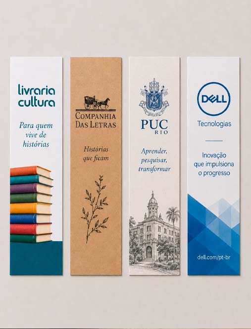 Marcadores de página personalizados em couchê, kraft, reciclado e PVC