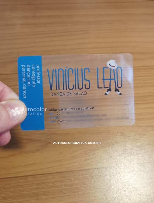 Cartão de visita transparente de professor de dança com faixa azul lateral