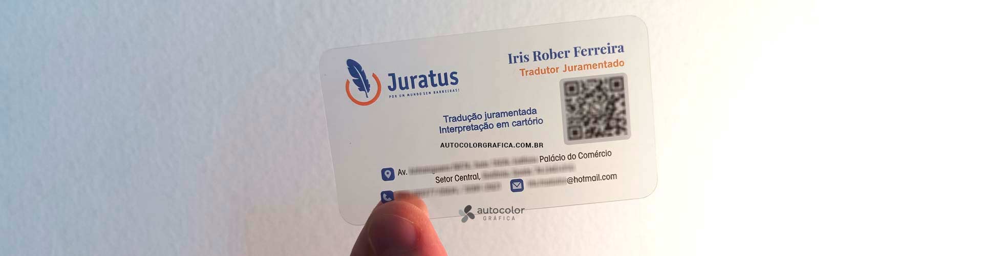 Cartão de visita transparente de tradução com impressão azul e laranja